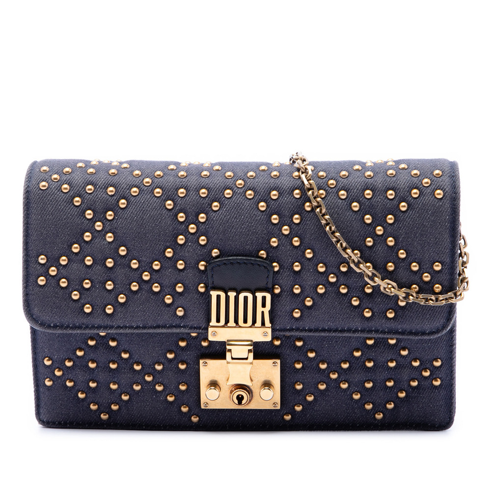 Pre-Loved Dior Denim Cannage Studded DiorAddict Wallet on Chain - Picture 1 of 6